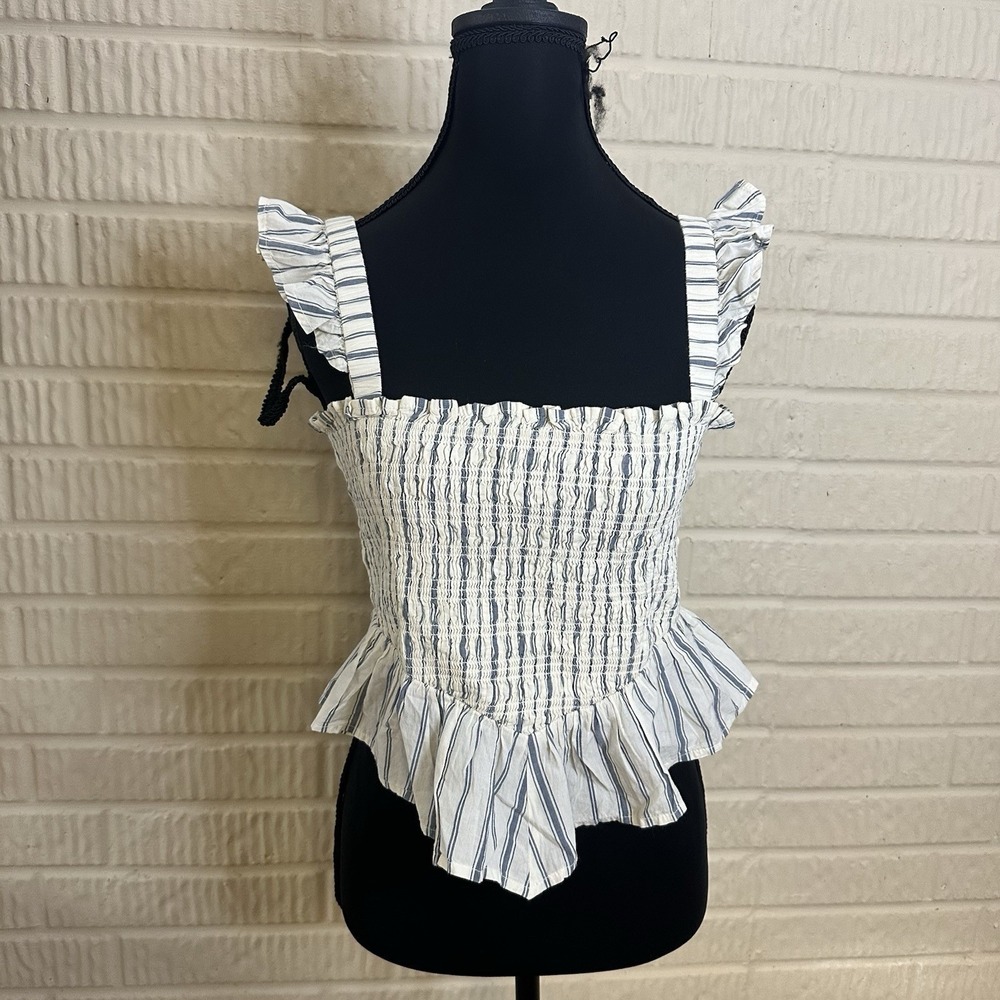 NWT American Eagle Smocked Cropped Ruffle Tank Top Strip‎ Button Sz S Festival